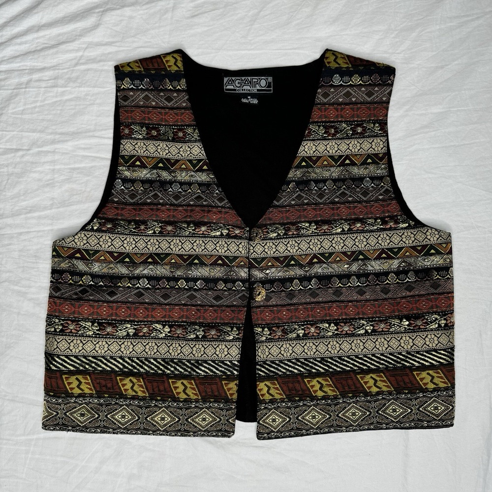 Agapo Striped Carpet Tapestry Shiny Western Button Up Vest Womens Size M Vintage